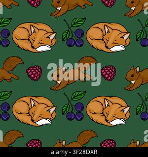 Seamless vector pattern with sleeping foxes, squirrels, and forest berries on green background Stock Vector