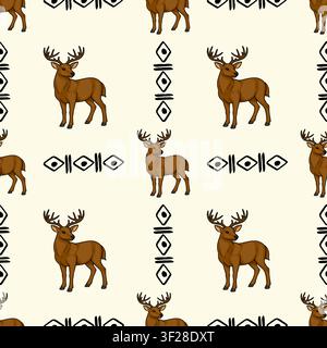 Seamless vector pattern with cute brown woodland deer and tribal geometric symbols on a light background Stock Vector