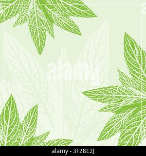 Botanical card template with mentha piperita leaf nature prints, peppermint ink stamp border for herbal tea menu and organic cosmetic packaging design Stock Vector