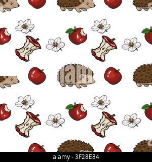 Seamless vector pattern with cute cartoon hedgehogs, red apples, apple cores and white blossom flowers Stock Vector