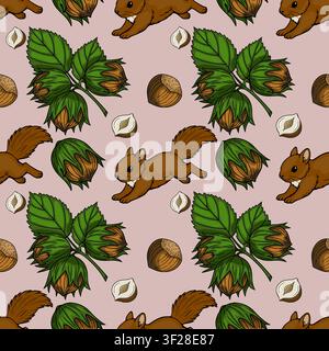 Seamless pattern with cute squirrels and hazelnuts vector illustration Stock Vector