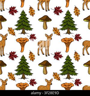 Woodland animals seamless pattern vector illustration with cute deer, pine trees, mushrooms, and autumn leaves Stock Vector