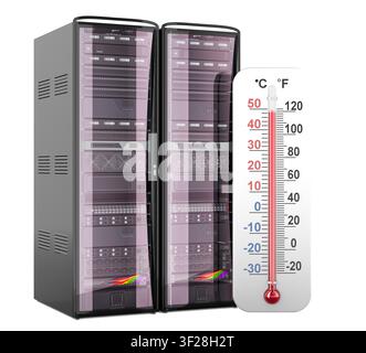 Server racks with thermometer, data center cooling and overheating control concept, 3d rendering isolated on white background Stock Photo