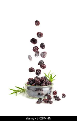 Dry Falling Cranberry Pile Isolated, Dried Flying Lingonberry Berries, Cowberry Natural Dessert, Healthy Diet, Organic Snack, Dry Cranberries on White Stock Photo