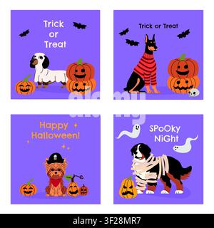 Cute Halloween greeting cards collection featuring adorable cartoon dogs in spooky costumes, pumpkins, bats, and ghosts. Creative vertical holiday Stock Vector