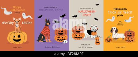 Halloween graphic set featuring cute dogs, pumpkins, a ghost, bat, skull, and bones. Adorable flat vector illustrations in orange, black, and purple Stock Vector