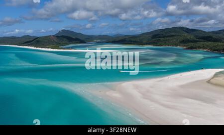 Aerial view of Whitehaven Beach featuring white silica sand, turquoise ...