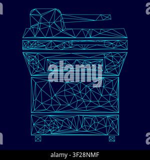 Multifunction printer or automatic copier low poly triangulation triangulated polygonal electric cyan blue vibrant aqua neon color outline contour Stock Vector