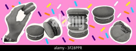 Background collage macaroon halftone cooking line drawing hand food coffee layout with modern bakery dessert stickers and playful retro inspired cafe Stock Vector