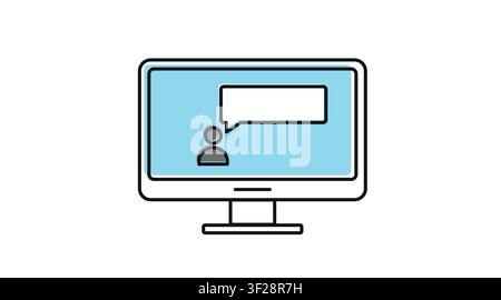 Desktop computer online chat icon: PC workstation displaying user profile and speech bubble on screen, modern offset color line art vector illustratio Stock Vector