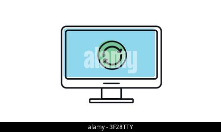 Desktop computer refresh and data sync icon: PC workstation displaying circular reload arrows on screen, modern offset color line art vector illustrat Stock Vector