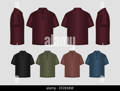 Premium Men's Polo Shirt Technical Flat Vector Mockup Template with All Side Views, Multiple Color, Editable Apparel Design Stock Vector