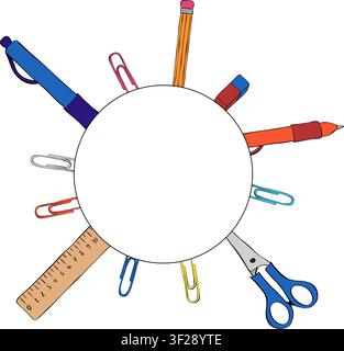 School student tools stationary frame circle hand drawn illustration. Vector graphic line ink art template. Perfect for logo, branding, packaging, lab Stock Vector