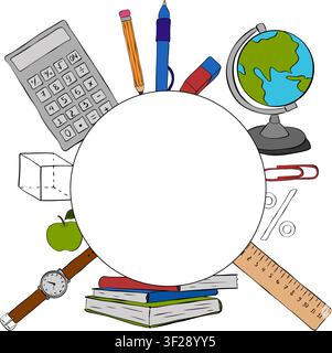 School supplies and stationery items School student tools frame circle round hand drawn illustration. Vector graphic line ink art template. packaging, Stock Vector