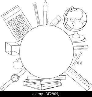 School supplies and stationery items School student tools Black and white frame circle round hand drawn illustration. Vector graphic line ink art temp Stock Vector