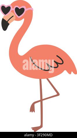 Hand-drawn pink flamingo wearing heart-shaped sunglasses vector illustration. Trendy, naive doodle style with simple dark outlines and isolated on a Stock Vector