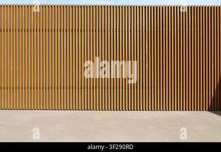Interior surrounding wall made of wood slats on gray concrete wall. Background and texture Stock Photo