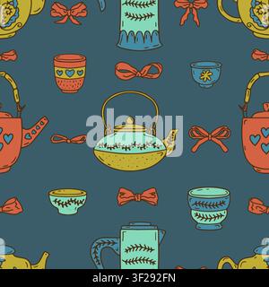 Hygge tea pots and cups doodle icons seamless pattern. Cozy rustic pottery line art wallpaper Stock Vector