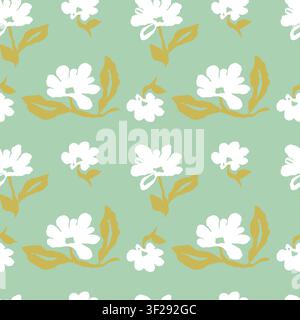Seamless pattern with hand drawn abstract flowers on teal background. Artistic brush strokes minimal floral repeat design Stock Vector