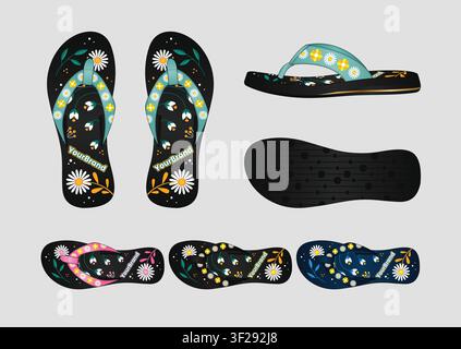 Floral Daisy Pattern Flip Flops Vector Tech Pack with Colorways Set Tech Pack Design Stock Vector