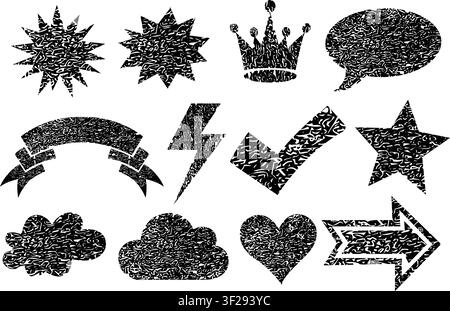 Abstract black grunge texture icon set featuring star crown speech bubble rainbow lightning check mark cloud heart arrow shapes for modern graphic Stock Vector