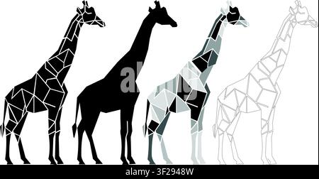 giraffe vector illustration set modern polygonal animal silhouette minimalist design black white grayscale line art wildlife logo icon creative art Stock Vector