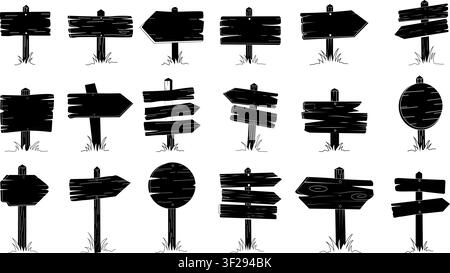 Hand drawn wooden signboards collection vector rustic blank arrow boards vintage direction signs doodle sketch set isolated outline templates Stock Vector