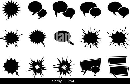 Black Comic Speech Bubble Silhouettes Set with Lightning Tails, Pop Art Dialogue Shapes, Empty Chat Box Vector Collection Stock Vector