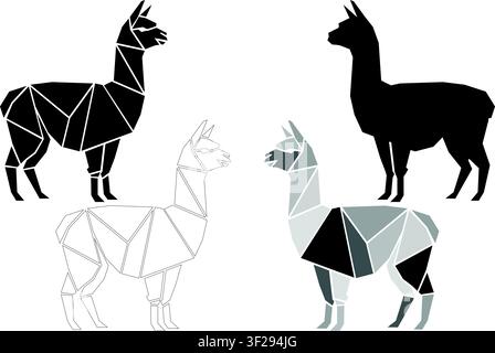 Alpaca Illustration Set Low Poly Llama Silhouette Vector Minimal Animal Design Modern Abstract Black White Editable Graphic Clipart Bundle Collection Stock Vector