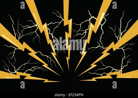 Golden Lightning Bolt Background Electric Thunder Storm Energy Power Flash Dramatic Sky Abstract Vector Burst Dark Night Shockwave Radiant Strikes Stock Vector