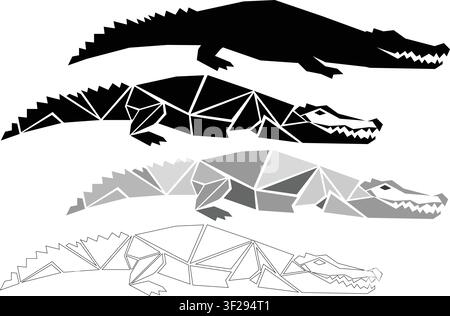 Crocodile Illustration Set Low Poly Alligator Silhouette Vector Minimal Animal Design Abstract Modern Black White Editable Graphic Clipart Bundle Stock Vector