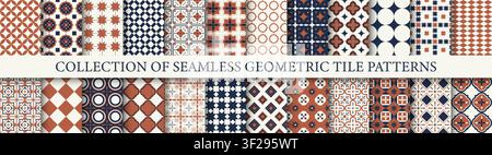 Collection of seamless geometric tile patterns in mediterranean style. Terracotta and navy blue vector portuguese azulejo mosaic backgrounds set for Stock Vector