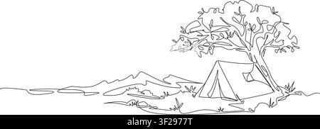continuous line drawing of a camping scene with pine tree, tent, and campfire, minimalist outdoor nature adventure concept, line art vector Stock Vector
