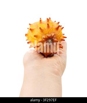 Kiwano isolated, jelly melon, cucumis metuliferus ripe fruit, orange horned melon, african horned cucumber, spiked melon on white background closeup Stock Photo