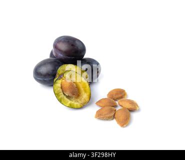 Plum Isolated, Whole Blue Prune Pile, Ripe Fresh Plums, Dark Blue Healthy Stone Fruits, Plums on White Background Stock Photo