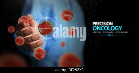 Precision oncology AI concept. Doctor or surgeon using cancer cell detection and Artificial intelligence targeting system. Early medical diagnosis, bi Stock Photo