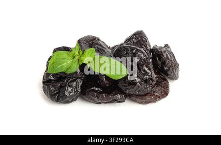 Dry Plums Isolated, Dried Black Fruits Pile, Prune Group, Natural Dessert, Healthy Diet, Dry Plum Fruit on White Background Stock Photo