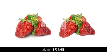 Three fresh strawberry in a row isolated, whole ripe straw berry line, red juicy imperfect strawberri with green leaves, natural delicious strawberry Stock Photo