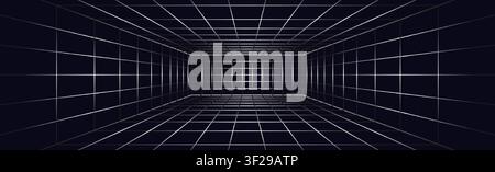 Futuristic 3D grid room with perspective wireframe lines. White grid on black bg. Virtual reality digital landscape. Retro 80s 90s cyber aesthetic. Ve Stock Vector