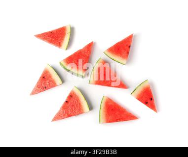 Watermelon slices isolated. Water melon wedges pile, chopped Citrullus lanatus pieces, red wassermelone cuts group, fruit piece, watermelon on white b Stock Photo