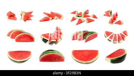 Watermelon slices set isolated. Water melon wedges pile, chopped Citrullus lanatus pieces, red wassermelone cuts group, fruit piece, watermelon on whi Stock Photo