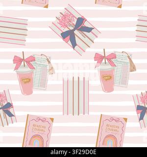A girly, seamless vector pattern themed around reading. It features flat-style cartoon stacks of books, coffee cups, a reading journal, and a library card. Perfect for a bookstore or library theme. Vector illustration Stock Vector