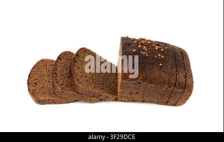 Black rye bread isolated, dark brown sliced loaf, sourdough borodinsky rugbrod square slices with coriander on white background Stock Photo