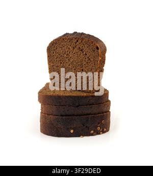 Black rye bread isolated, dark brown sliced loaf, sourdough borodinsky rugbrod square slices with coriander on white background Stock Photo
