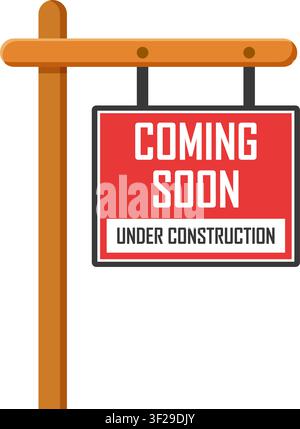Coming soon label icon in flat style. Under construction banner in shop vector illustration on isolated background. Product available sign business co Stock Vector