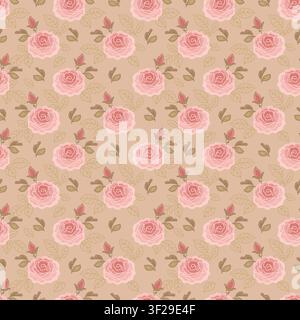 Vintage Pink Rose Seamless Pattern with Delicate Floral Elements Stock Vector