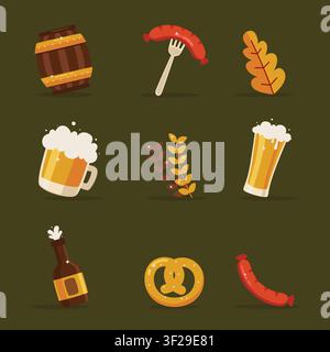 Festive flat illustration featuring beer mugs, pretzels, sausages, and autumn leaves arranged in a grid on a dark background suitable for Oktoberfest. Stock Vector