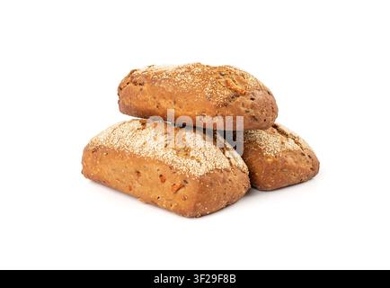 Whole wheat brown bread isolated, fitness pumpkin carrot buns with seeds, cereal bread grain bun with rye on white background Stock Photo