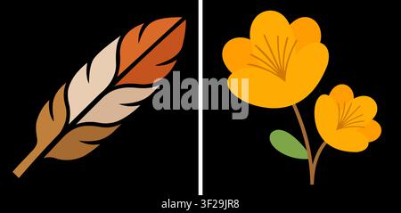 Artistic illustration featuring a single brown feather and vibrant yellow flowers on black background Stock Vector
