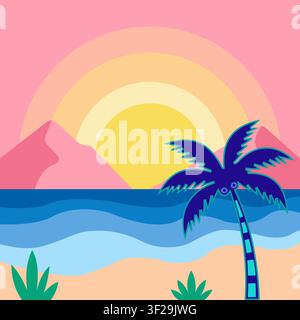 Colorful tropical beach landscape with a palm tree at sunset in flat vector style Stock Vector
